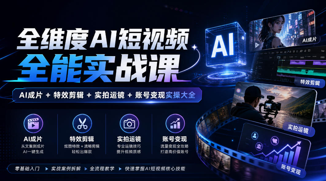 全维度AI短视频全能实战课，AI成片+特效剪辑+实拍运镜+账号变现实操大全瀚萌资源网-网赚网-网赚项目网-虚拟资源网-国学资源网-易学资源网-本站有全网最新网赚项目-易学课程资源-中医课程资源的在线下载网站！瀚萌资源网