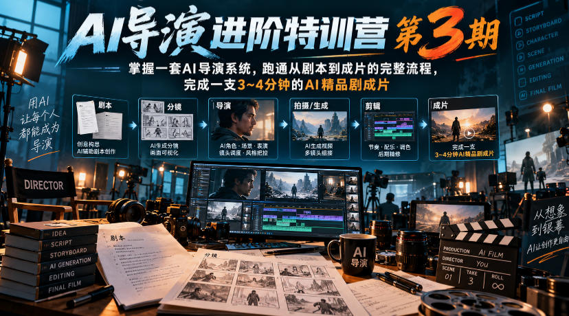 AI导演进阶特训营第3期，掌握一套AI导演系统，跑通从剧本到成片的完整流程，完成一支3~4分钟的AI精品剧成片（附1、2期）瀚萌资源网-网赚网-网赚项目网-虚拟资源网-国学资源网-易学资源网-本站有全网最新网赚项目-易学课程资源-中医课程资源的在线下载网站！瀚萌资源网