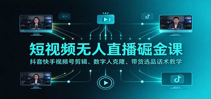 短视频无人直播掘金课：抖音快手视频号剪辑、数字人克隆、带货选品话术教学瀚萌资源网-网赚网-网赚项目网-虚拟资源网-国学资源网-易学资源网-本站有全网最新网赚项目-易学课程资源-中医课程资源的在线下载网站！瀚萌资源网