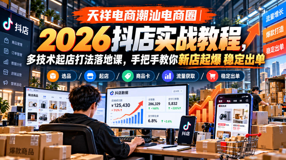 天祥电商潮汕电商圈｜2026抖店实战教程，多技术起店打法落地课，手把手教你新店起爆稳定出单瀚萌资源网-网赚网-网赚项目网-虚拟资源网-国学资源网-易学资源网-本站有全网最新网赚项目-易学课程资源-中医课程资源的在线下载网站！瀚萌资源网
