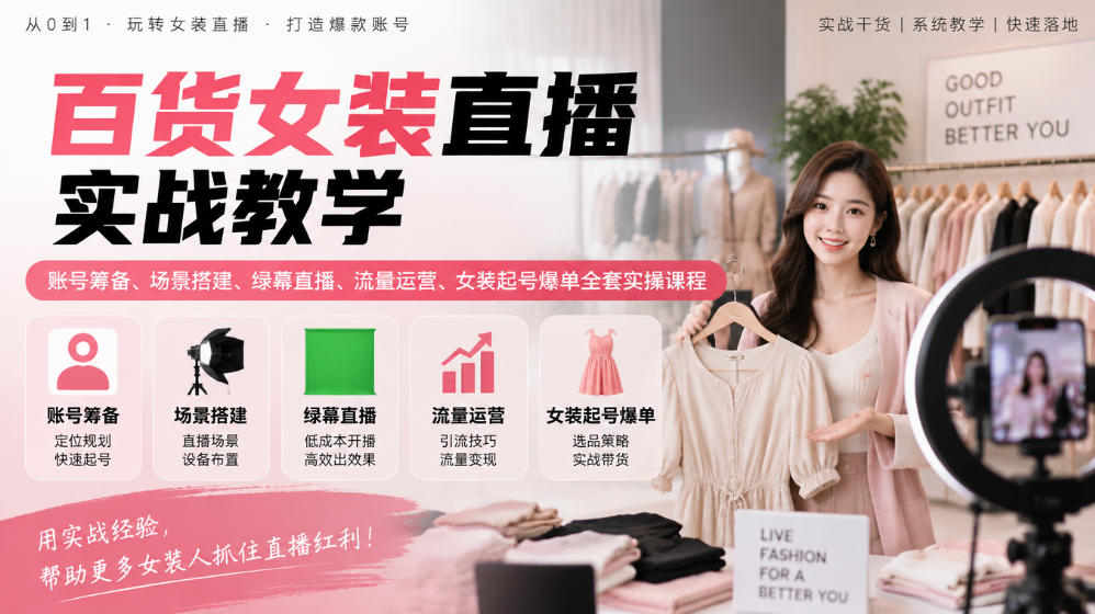 百货女装直播实战教学｜账号筹备、场景搭建、绿幕直播、流量运营、女装起号爆单全套实操课程瀚萌资源网-网赚网-网赚项目网-虚拟资源网-国学资源网-易学资源网-本站有全网最新网赚项目-易学课程资源-中医课程资源的在线下载网站！瀚萌资源网