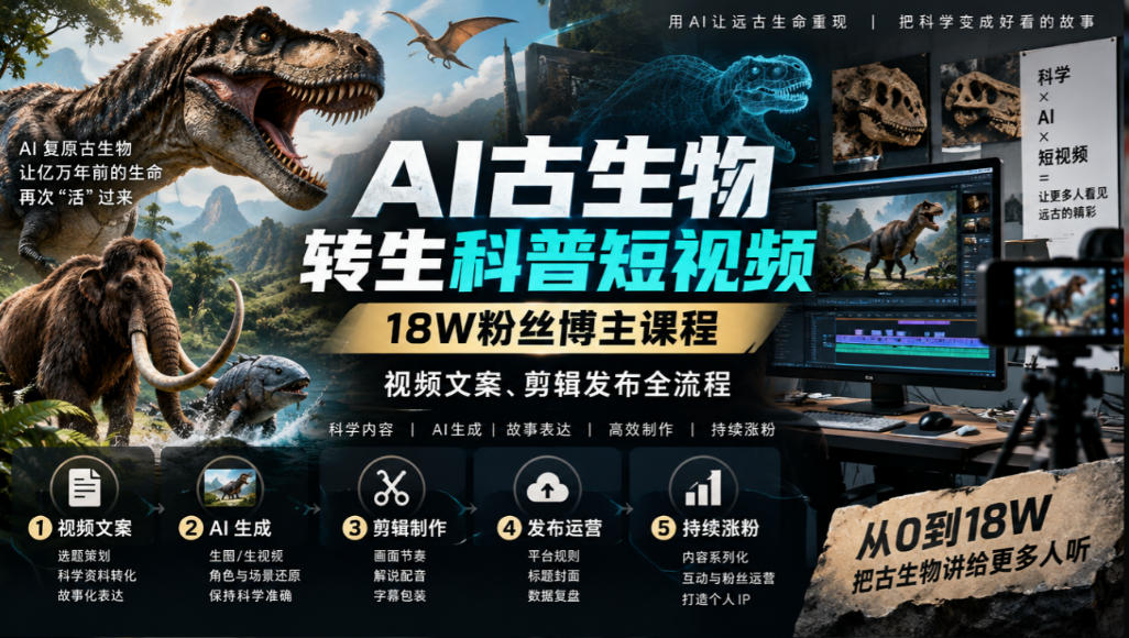 AI古生物转生科普短视频，18W粉丝博主课程，视频文案、剪辑发布全流程瀚萌资源网-网赚网-网赚项目网-虚拟资源网-国学资源网-易学资源网-本站有全网最新网赚项目-易学课程资源-中医课程资源的在线下载网站！瀚萌资源网