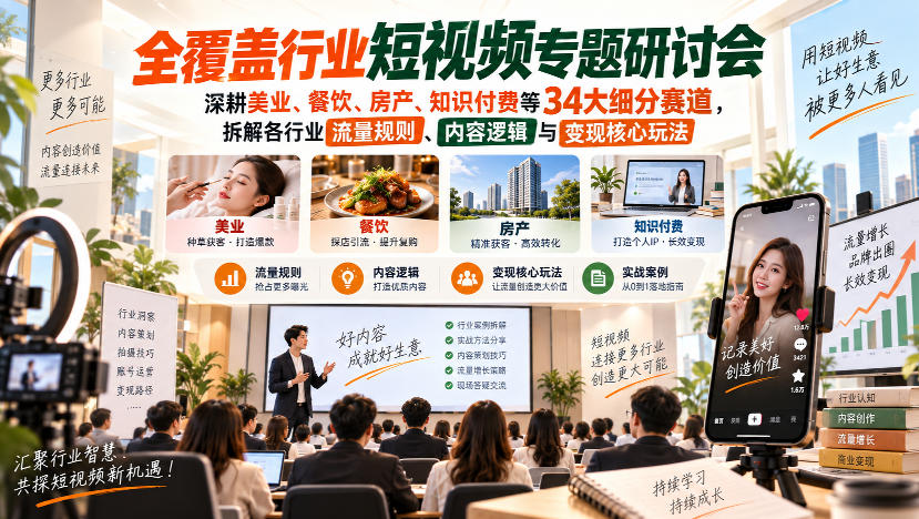 短视频专题研讨会，深耕美业、餐饮、房产、知识付费等34大细分赛道，拆解各行业流量规则、内容逻辑与变现核心玩法（更新1011）瀚萌资源网-网赚网-网赚项目网-虚拟资源网-国学资源网-易学资源网-本站有全网最新网赚项目-易学课程资源-中医课程资源的在线下载网站！瀚萌资源网