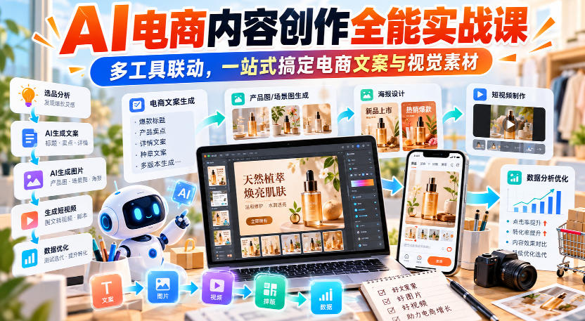 【无水印】AI电商内容创作全能实战课｜多工具联动，一站式搞定电商文案与视觉素材瀚萌资源网-网赚网-网赚项目网-虚拟资源网-国学资源网-易学资源网-本站有全网最新网赚项目-易学课程资源-中医课程资源的在线下载网站！瀚萌资源网