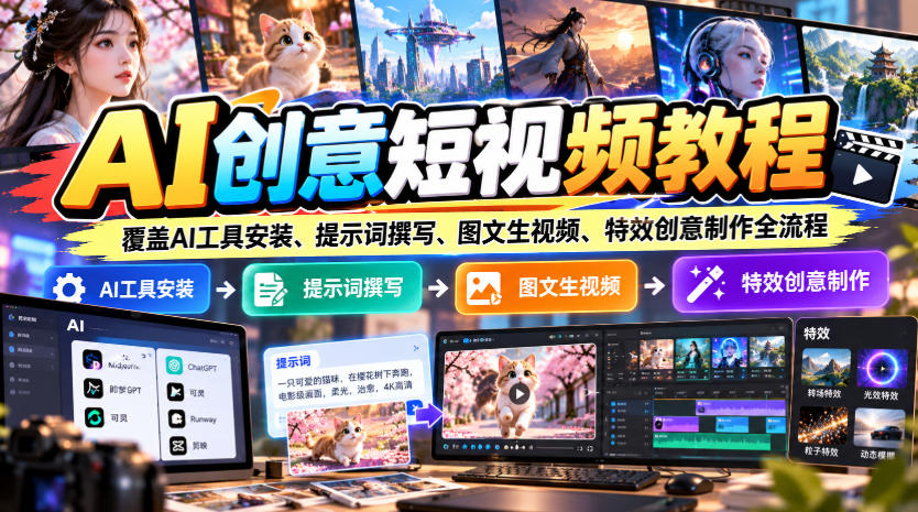 AI创意短视频教程，覆盖AI工具安装、提示词撰写、图文生视频、特效创意制作全流程瀚萌资源网-网赚网-网赚项目网-虚拟资源网-国学资源网-易学资源网-本站有全网最新网赚项目-易学课程资源-中医课程资源的在线下载网站！瀚萌资源网