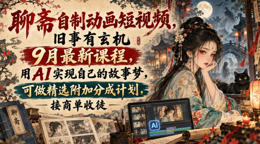 聊斋自制动画短视频，旧事有玄机9月最新课程，用AI实现自己的故事梦，可做精选附加分成计划，接商单收徒瀚萌资源网-网赚网-网赚项目网-虚拟资源网-国学资源网-易学资源网-本站有全网最新网赚项目-易学课程资源-中医课程资源的在线下载网站！瀚萌资源网