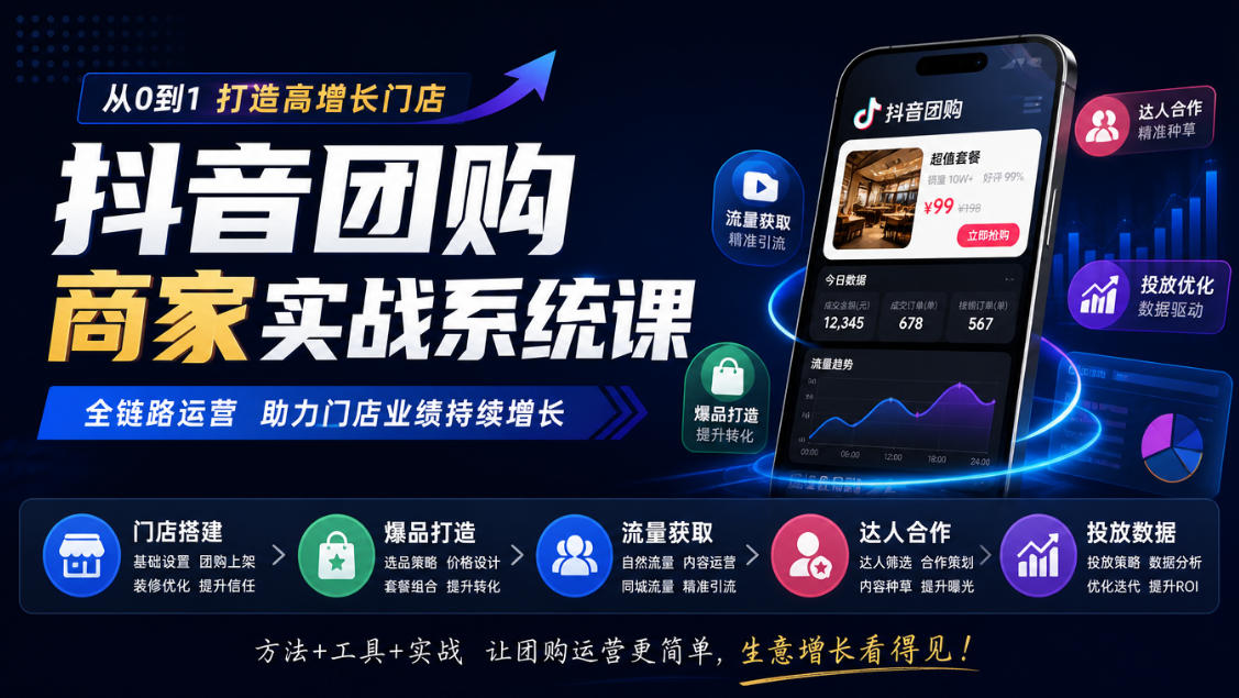 抖音团购商家实战系统课｜门店搭建、爆品打造、流量获取、达人合作、投放数据全链路运营瀚萌资源网-网赚网-网赚项目网-虚拟资源网-国学资源网-易学资源网-本站有全网最新网赚项目-易学课程资源-中医课程资源的在线下载网站！瀚萌资源网