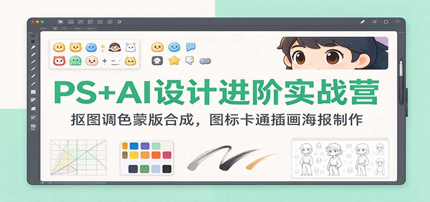 PS+AI设计进阶实战营：抠图调色蒙版合成，图标卡通插画海报制作瀚萌资源网-网赚网-网赚项目网-虚拟资源网-国学资源网-易学资源网-本站有全网最新网赚项目-易学课程资源-中医课程资源的在线下载网站！瀚萌资源网