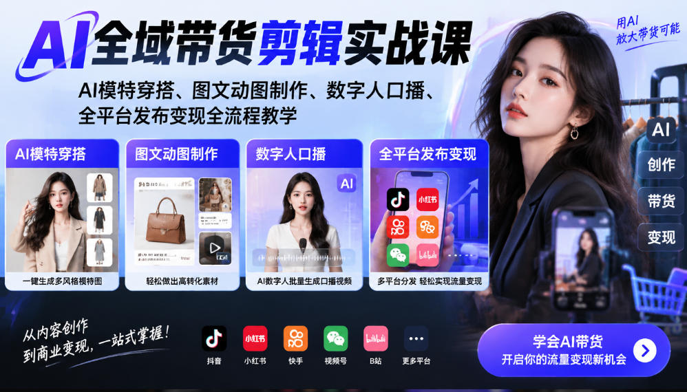 AI全域带货剪辑实战课｜AI模特穿搭、图文动图制作、数字人口播、全平台发布变现全流程教学瀚萌资源网-网赚网-网赚项目网-虚拟资源网-国学资源网-易学资源网-本站有全网最新网赚项目-易学课程资源-中医课程资源的在线下载网站！瀚萌资源网