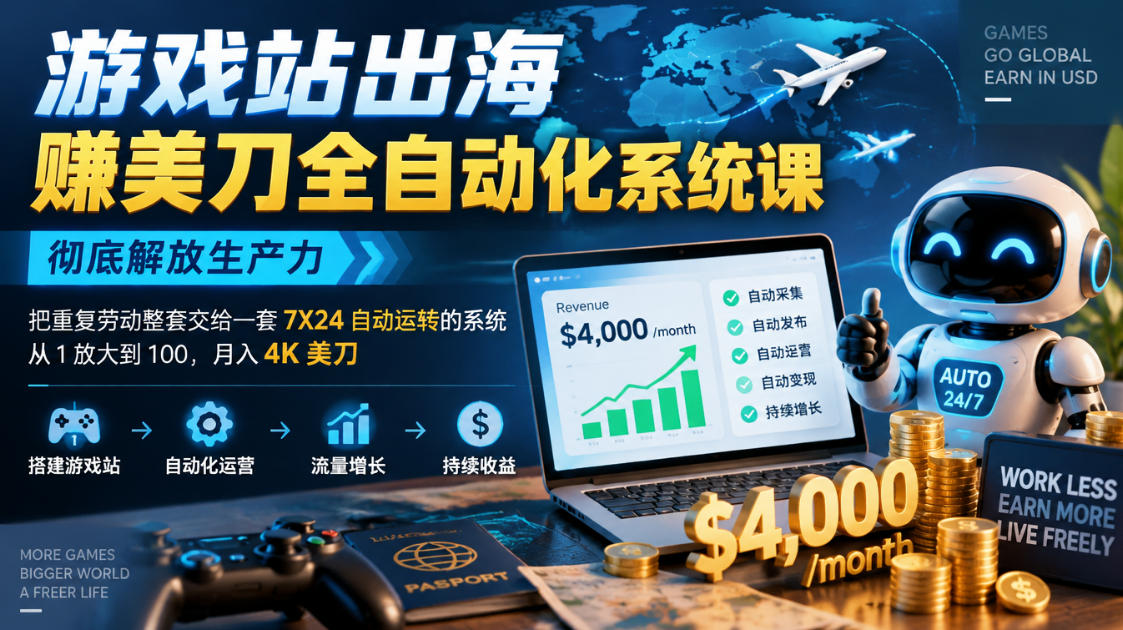 游戏站出海賺美刀全自动化系统课，彻底解放生产力–把重复劳动整套交给一套7X24自动运转的系统，从1放大到100，月入4K美刀瀚萌资源网-网赚网-网赚项目网-虚拟资源网-国学资源网-易学资源网-本站有全网最新网赚项目-易学课程资源-中医课程资源的在线下载网站！瀚萌资源网