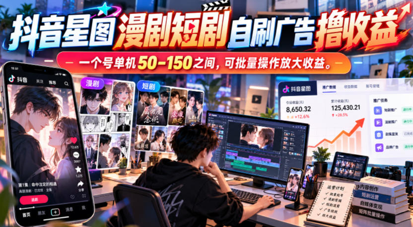 抖音星图漫剧短剧自刷广告撸收益，一个号单机50-150之间，可批量操作放大收益瀚萌资源网-网赚网-网赚项目网-虚拟资源网-国学资源网-易学资源网-本站有全网最新网赚项目-易学课程资源-中医课程资源的在线下载网站！瀚萌资源网