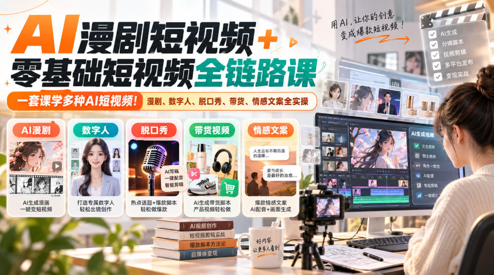 AI漫剧短视频+零基础短视频全链路课，一套课学多种AI短视频！漫剧、数字人、脱口秀、带货、情感文案全实操瀚萌资源网-网赚网-网赚项目网-虚拟资源网-国学资源网-易学资源网-本站有全网最新网赚项目-易学课程资源-中医课程资源的在线下载网站！瀚萌资源网