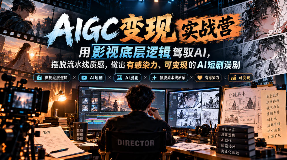 AIGC变现实战营，用影视底层逻辑驾驭AI，摆脱流水线质感，做出有感染力、可变现的AI短剧漫剧瀚萌资源网-网赚网-网赚项目网-虚拟资源网-国学资源网-易学资源网-本站有全网最新网赚项目-易学课程资源-中医课程资源的在线下载网站！瀚萌资源网