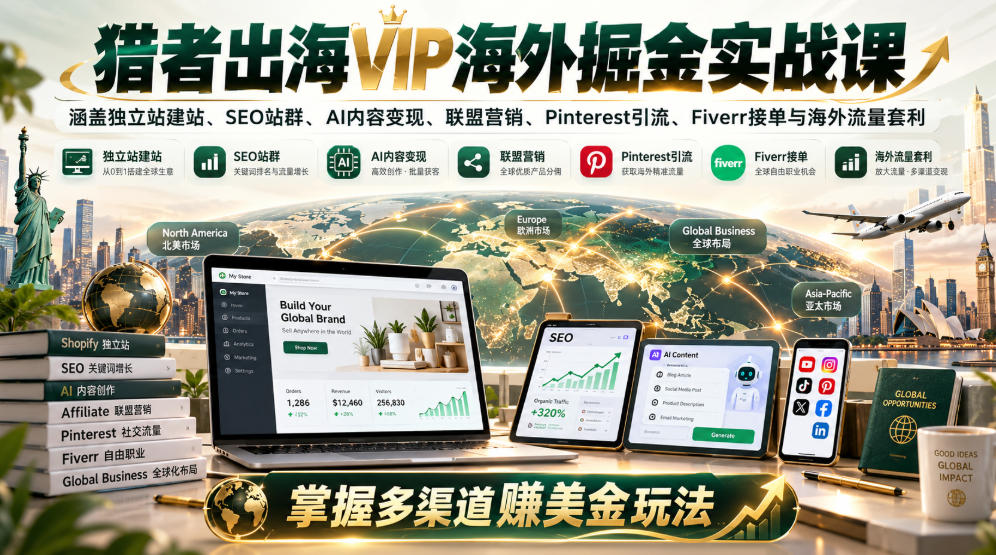 猎者出海VIP海外掘金实战课：涵盖独立站、SEO站群、AI变现、联盟营销、Pinterest引流、Fiverr接单与海外流量套利，掌握多渠道賺美金玩法瀚萌资源网-网赚网-网赚项目网-虚拟资源网-国学资源网-易学资源网-本站有全网最新网赚项目-易学课程资源-中医课程资源的在线下载网站！瀚萌资源网