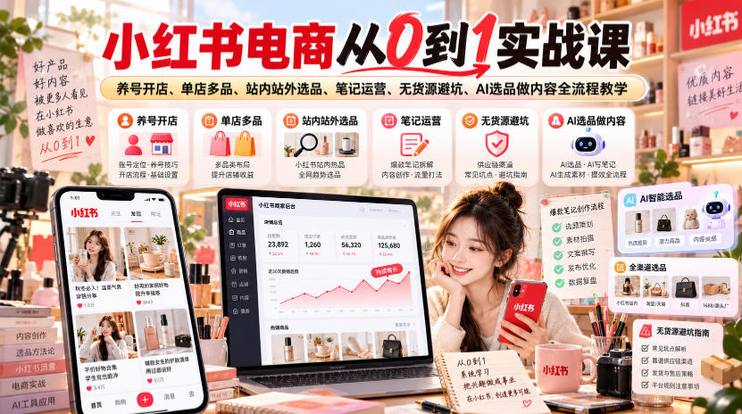 小红书电商从0到1实战课｜养号开店、单店多品、站内站外选品、笔记运营、无货源避坑、AI选品做内容全流程教学瀚萌资源网-网赚网-网赚项目网-虚拟资源网-国学资源网-易学资源网-本站有全网最新网赚项目-易学课程资源-中医课程资源的在线下载网站！瀚萌资源网