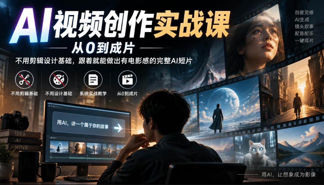 AI视频创作实战课，从0到成片，不用剪辑设计基础，跟着就能做出有电影感的完整AI短片瀚萌资源网-网赚网-网赚项目网-虚拟资源网-国学资源网-易学资源网-本站有全网最新网赚项目-易学课程资源-中医课程资源的在线下载网站！瀚萌资源网