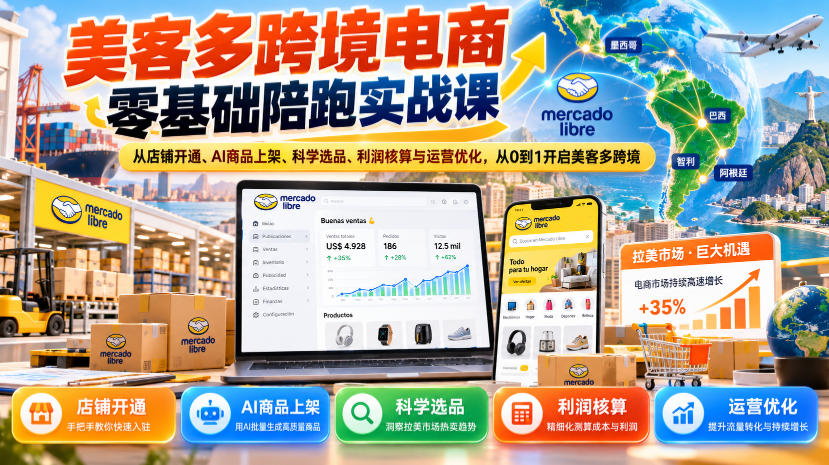 美客多跨境电商零基础陪跑实战课：从店铺开通、AI商品上架、科学选品、利润核算与运营优化，从0到1开启美客多跨境瀚萌资源网-网赚网-网赚项目网-虚拟资源网-国学资源网-易学资源网-本站有全网最新网赚项目-易学课程资源-中医课程资源的在线下载网站！瀚萌资源网