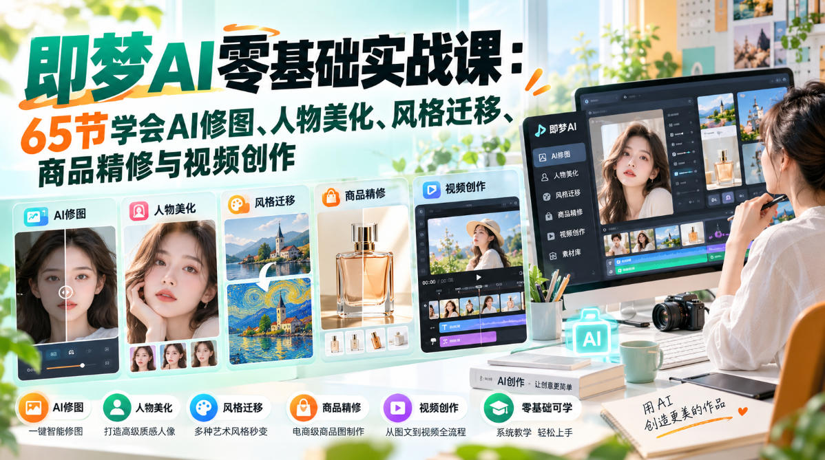 即梦AI零基础实战课：65节学会AI修图、人物美化、风格迁移、商品精修与视频创作瀚萌资源网-网赚网-网赚项目网-虚拟资源网-国学资源网-易学资源网-本站有全网最新网赚项目-易学课程资源-中医课程资源的在线下载网站！瀚萌资源网