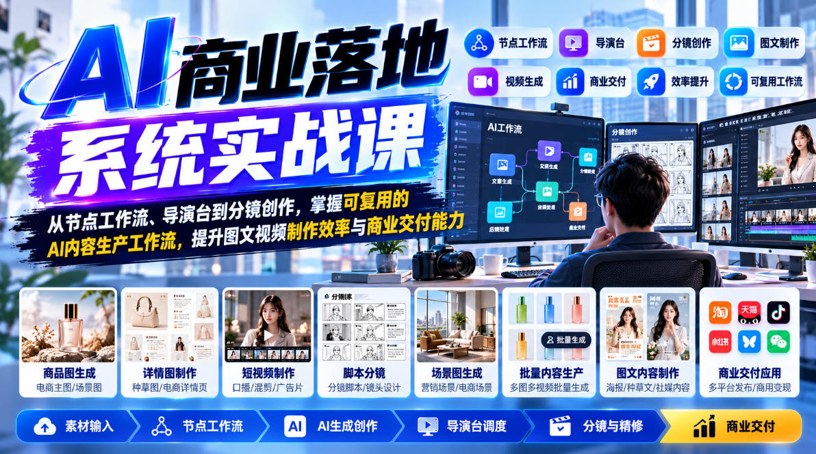 【无水印】AI商业落地系统实战课，从节点工作流、导演台到分镜创作，掌握可复用的AI内容生产工作流，提升图文视频制作效率与商业交付能力瀚萌资源网-网赚网-网赚项目网-虚拟资源网-国学资源网-易学资源网-本站有全网最新网赚项目-易学课程资源-中医课程资源的在线下载网站！瀚萌资源网