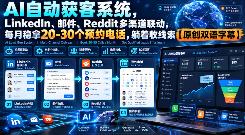 【无水印】AI自动获客系统，LinkedIn、邮件、Reddit多渠道联动，每月稳拿20-30个预约电话，躺着收线索【原创双语字幕】瀚萌资源网-网赚网-网赚项目网-虚拟资源网-国学资源网-易学资源网-本站有全网最新网赚项目-易学课程资源-中医课程资源的在线下载网站！瀚萌资源网