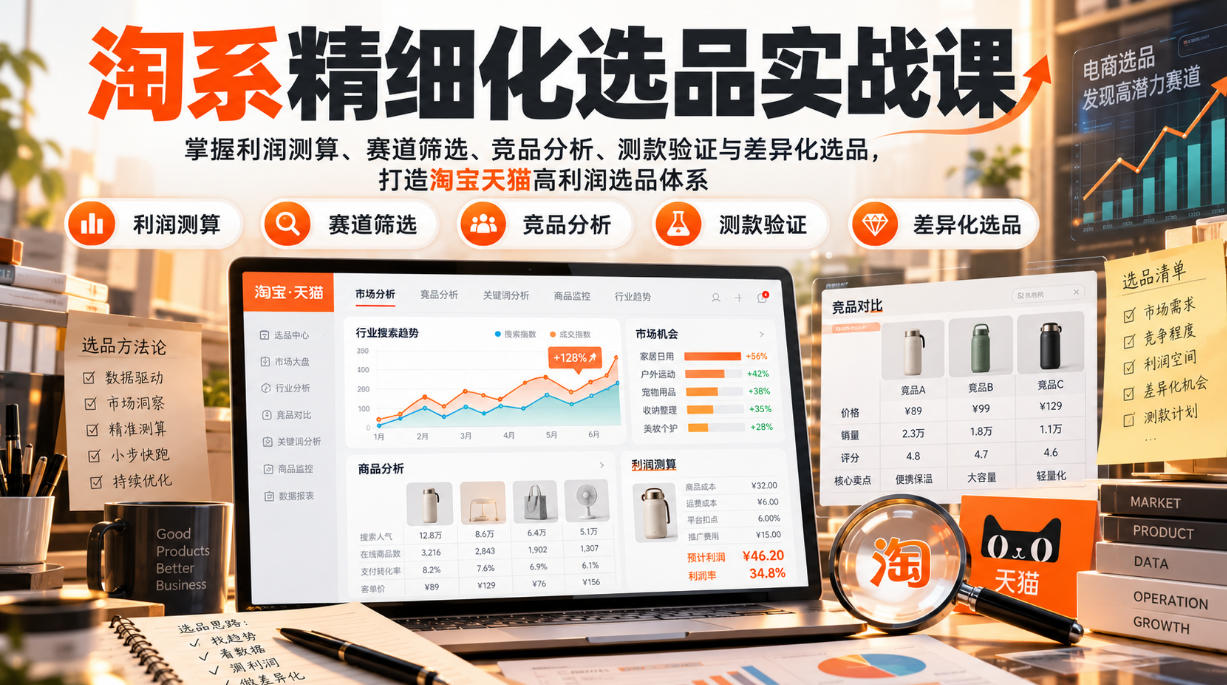 淘系精细化选品实战课：掌握利润测算、赛道筛选、竞品分析、测款验证与差异化选品，打造淘宝天猫高利润选品体系瀚萌资源网-网赚网-网赚项目网-虚拟资源网-国学资源网-易学资源网-本站有全网最新网赚项目-易学课程资源-中医课程资源的在线下载网站！瀚萌资源网