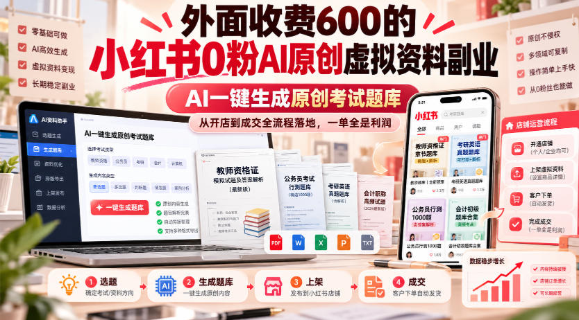 外面收费600的小红书0粉AI原创虚拟资料副业，AI一键生成原创考试题库，从开店到成交全流程落地，一单全是利润瀚萌资源网-网赚网-网赚项目网-虚拟资源网-国学资源网-易学资源网-本站有全网最新网赚项目-易学课程资源-中医课程资源的在线下载网站！瀚萌资源网