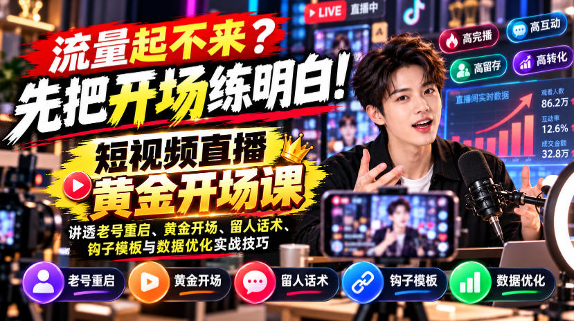 【无水印】流量起不来？先把开场练明白！短视频直播黄金开场课，讲透老号重启、黄金开场、留人话术、钩子模板与数据优化实战技巧瀚萌资源网-网赚网-网赚项目网-虚拟资源网-国学资源网-易学资源网-本站有全网最新网赚项目-易学课程资源-中医课程资源的在线下载网站！瀚萌资源网