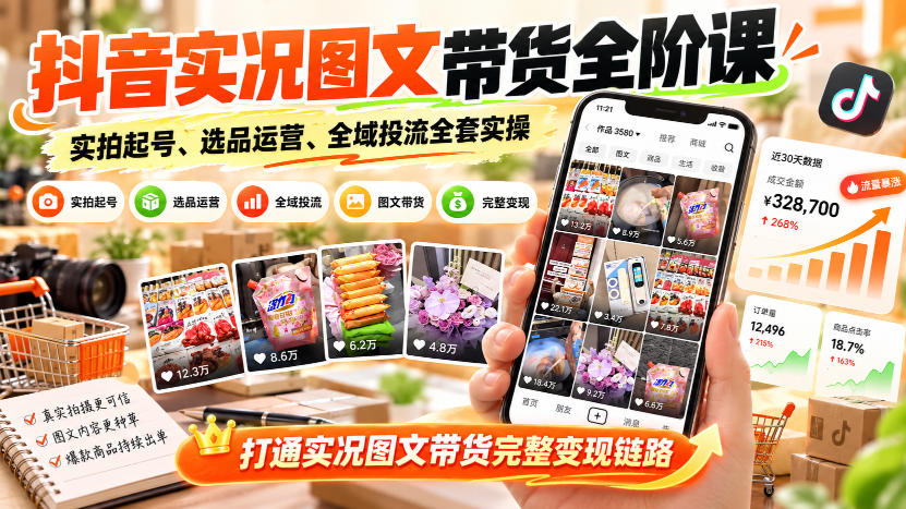 抖音实况图文带货全阶课｜实拍起号、选品运营、全域投流全套实操，打通实况图文带货完整变现链路瀚萌资源网-网赚网-网赚项目网-虚拟资源网-国学资源网-易学资源网-本站有全网最新网赚项目-易学课程资源-中医课程资源的在线下载网站！瀚萌资源网