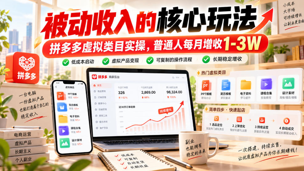 被动收入的核心玩法，拼多多虚拟类目实操，普通人每月增收1-3W【揭秘】瀚萌资源网-网赚网-网赚项目网-虚拟资源网-国学资源网-易学资源网-本站有全网最新网赚项目-易学课程资源-中医课程资源的在线下载网站！瀚萌资源网