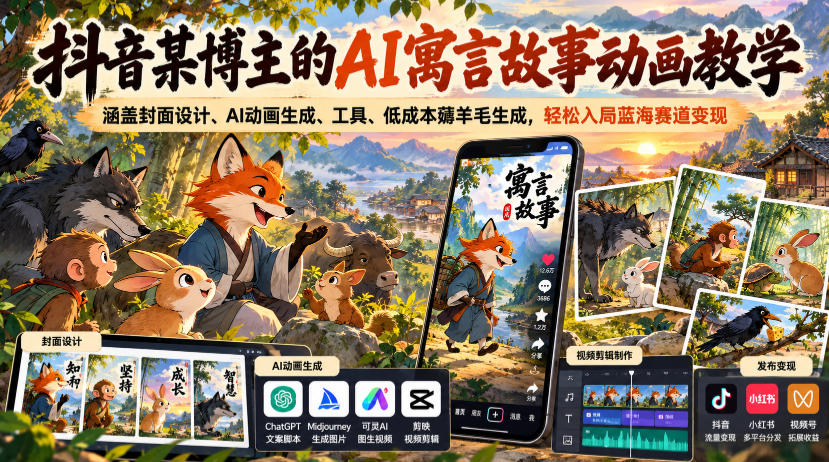抖音某博主的AI寓言故事动画教学，涵盖封面设计、AI动画生成、工具、低成本薅羊毛生成，轻松入局蓝海赛道变现瀚萌资源网-网赚网-网赚项目网-虚拟资源网-国学资源网-易学资源网-本站有全网最新网赚项目-易学课程资源-中医课程资源的在线下载网站！瀚萌资源网