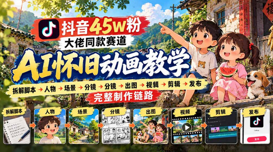 抖音45W粉大佬同款赛道AI怀旧动画实战课：拆解脚本→人物→场景→分镜→出图→视频→剪辑→发布完整制作链路瀚萌资源网-网赚网-网赚项目网-虚拟资源网-国学资源网-易学资源网-本站有全网最新网赚项目-易学课程资源-中医课程资源的在线下载网站！瀚萌资源网