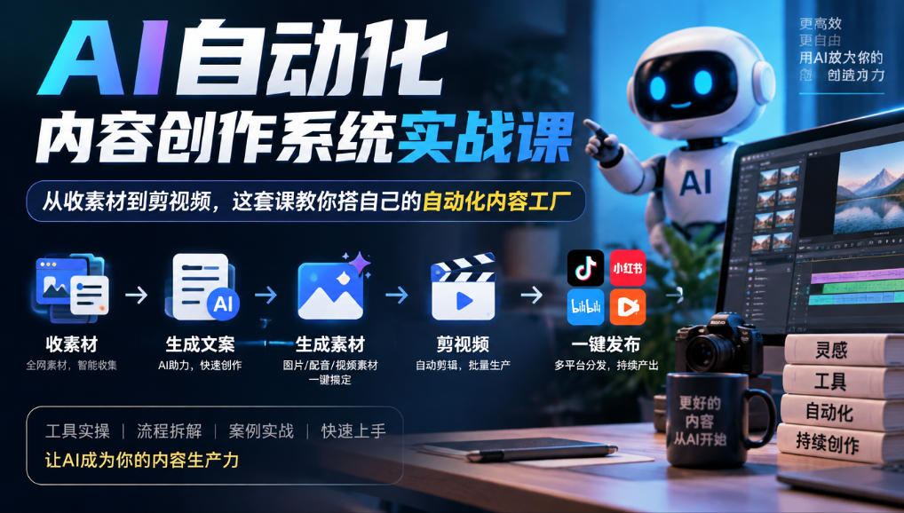 AI自动化内容创作系统实战课，从收素材到剪视频，这套课教你搭自己的自动化内容工厂瀚萌资源网-网赚网-网赚项目网-虚拟资源网-国学资源网-易学资源网-本站有全网最新网赚项目-易学课程资源-中医课程资源的在线下载网站！瀚萌资源网