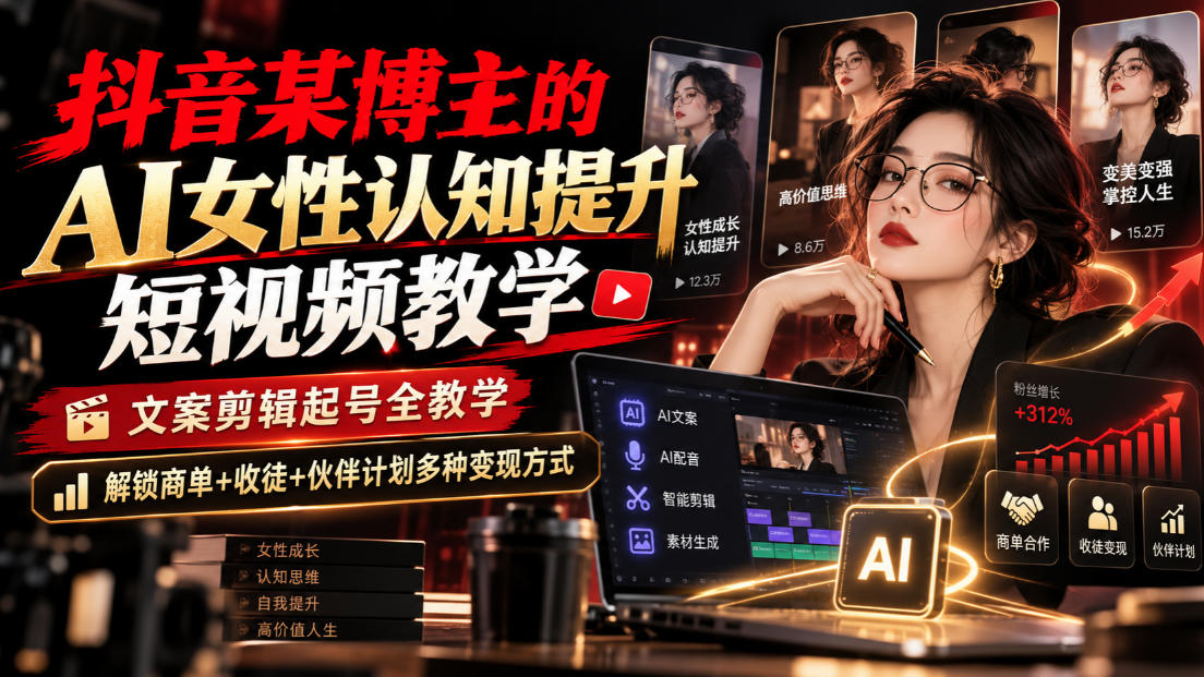 抖音某博主的Ai女性认知提升短视频教学，文案剪辑起号全教学，解锁商单+收徒+伙伴计划多种变现方式瀚萌资源网-网赚网-网赚项目网-虚拟资源网-国学资源网-易学资源网-本站有全网最新网赚项目-易学课程资源-中医课程资源的在线下载网站！瀚萌资源网