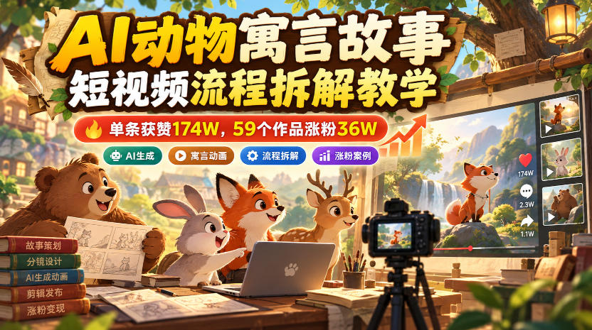 AI动物寓言故事短视频流程拆解教学，单条获赞174W，59个作品涨粉36W瀚萌资源网-网赚网-网赚项目网-虚拟资源网-国学资源网-易学资源网-本站有全网最新网赚项目-易学课程资源-中医课程资源的在线下载网站！瀚萌资源网