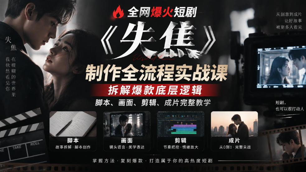 全网爆火短剧《失焦》制作全流程实战课｜拆解爆款底层逻辑，脚本、画面、剪辑、成片完整教学瀚萌资源网-网赚网-网赚项目网-虚拟资源网-国学资源网-易学资源网-本站有全网最新网赚项目-易学课程资源-中医课程资源的在线下载网站！瀚萌资源网