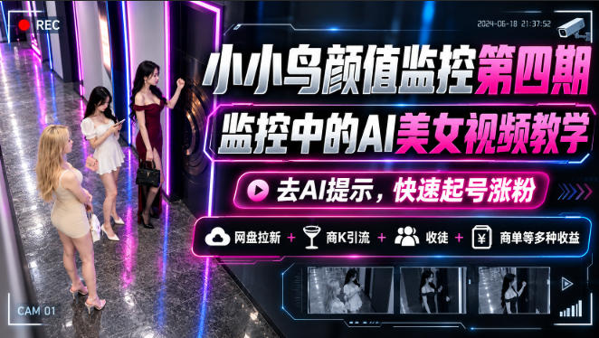小小鸟颜值监控第四期，监控中的AI美女视频教学，去AI提示，快速起号涨粉，网盘拉新+商K引流+收徒+商单等多种收益瀚萌资源网-网赚网-网赚项目网-虚拟资源网-国学资源网-易学资源网-本站有全网最新网赚项目-易学课程资源-中医课程资源的在线下载网站！瀚萌资源网
