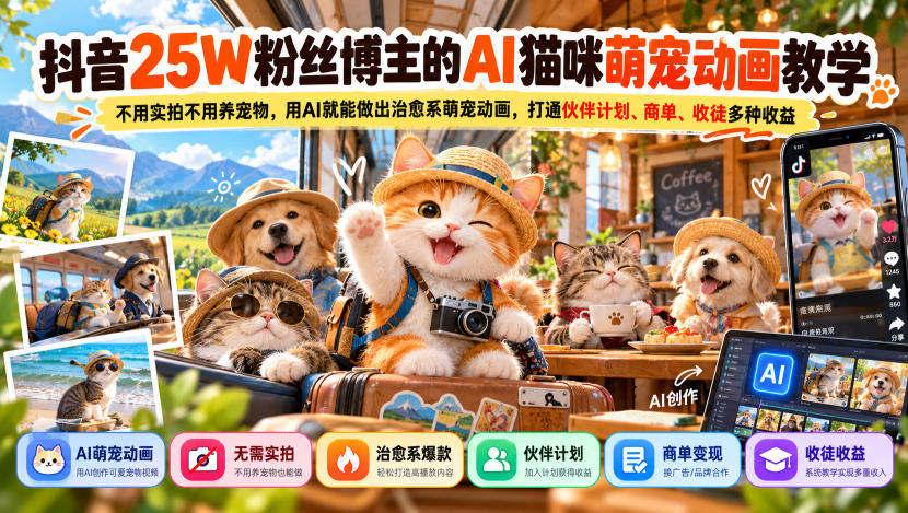抖音25W粉丝博主的AI猫咪萌宠动画教学，不用实拍不用养宠物，用AI就能做出治愈系萌宠动画，打通伙伴计划、商单、收徒多种收益瀚萌资源网-网赚网-网赚项目网-虚拟资源网-国学资源网-易学资源网-本站有全网最新网赚项目-易学课程资源-中医课程资源的在线下载网站！瀚萌资源网