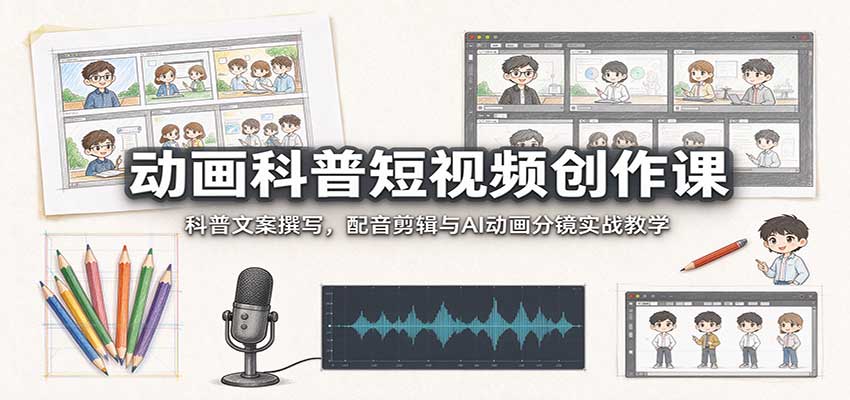 动画科普短视频创作课：科普文案撰写，配音剪辑与AI动画分镜实战教学瀚萌资源网-网赚网-网赚项目网-虚拟资源网-国学资源网-易学资源网-本站有全网最新网赚项目-易学课程资源-中医课程资源的在线下载网站！瀚萌资源网