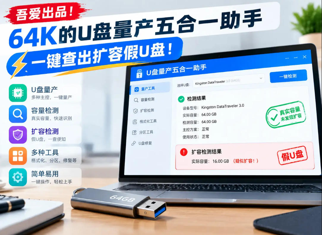 吾爱出品！64K的U盘量产五合一助手，一键查出扩容假U盘！瀚萌资源网-网赚网-网赚项目网-虚拟资源网-国学资源网-易学资源网-本站有全网最新网赚项目-易学课程资源-中医课程资源的在线下载网站！瀚萌资源网