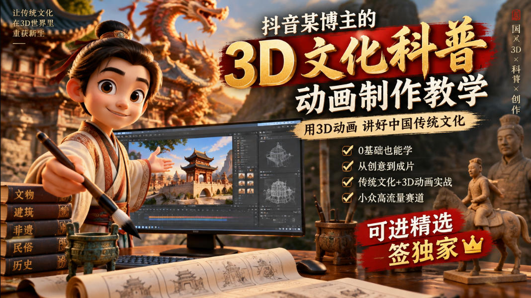 抖音某博主的3D文化科普动画制作教学，用3D动画呈现中国传统文化，可进精选签独家，单日收益1k+瀚萌资源网-网赚网-网赚项目网-虚拟资源网-国学资源网-易学资源网-本站有全网最新网赚项目-易学课程资源-中医课程资源的在线下载网站！瀚萌资源网