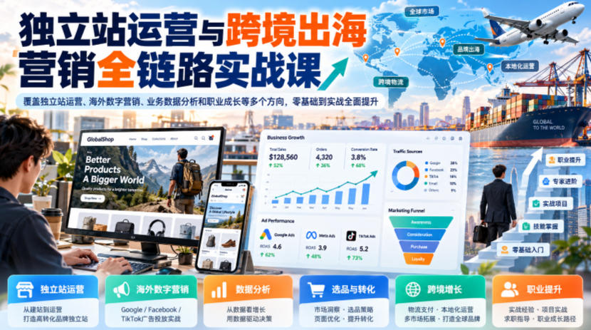 独立站运营与跨境出海营销全链路实战课，覆盖独立站运营、海外数字营销、业务数据分析和职业成长等多个方向，零基础到实战全面提升瀚萌资源网-网赚网-网赚项目网-虚拟资源网-国学资源网-易学资源网-本站有全网最新网赚项目-易学课程资源-中医课程资源的在线下载网站！瀚萌资源网