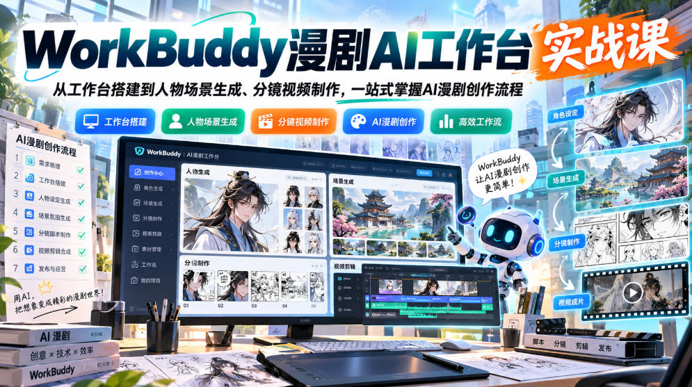 WorkBuddy漫剧AI工作台实战课：从工作台搭建到人物场景生成、分镜视频制作，一站式掌握AI漫剧创作流程瀚萌资源网-网赚网-网赚项目网-虚拟资源网-国学资源网-易学资源网-本站有全网最新网赚项目-易学课程资源-中医课程资源的在线下载网站！瀚萌资源网