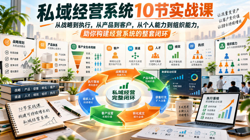 私域经营系统10节实战课，从战略到执行，从产品到客户，从个人能力到组织能力，助你构建经营系统的整套闭环瀚萌资源网-网赚网-网赚项目网-虚拟资源网-国学资源网-易学资源网-本站有全网最新网赚项目-易学课程资源-中医课程资源的在线下载网站！瀚萌资源网