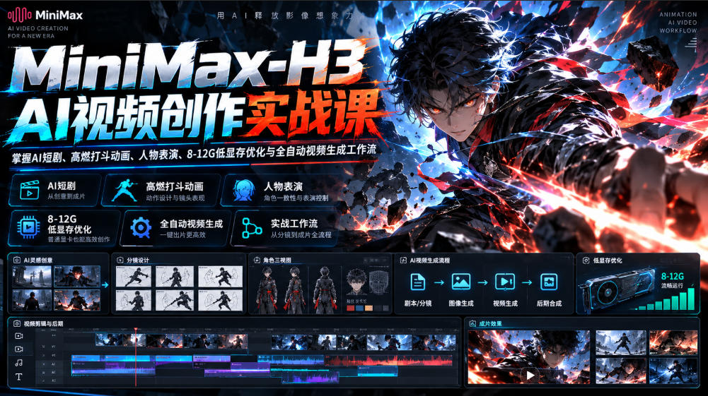 MiniMax-H3 AI视频创作实战课，掌握AI短剧、高燃打斗动画、人物表演、8-12G低显存优化与全自动视频生成工作流瀚萌资源网-网赚网-网赚项目网-虚拟资源网-国学资源网-易学资源网-本站有全网最新网赚项目-易学课程资源-中医课程资源的在线下载网站！瀚萌资源网