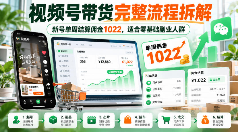 视频号带货完整流程拆解，新号单周结算佣金1022，适合零基础副业人群瀚萌资源网-网赚网-网赚项目网-虚拟资源网-国学资源网-易学资源网-本站有全网最新网赚项目-易学课程资源-中医课程资源的在线下载网站！瀚萌资源网