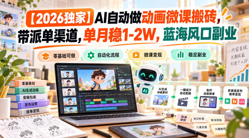 【2026独家】AI自动做动画微课搬砖，带派单渠道，单月稳1-2W，蓝海风口副业【揭秘】瀚萌资源网-网赚网-网赚项目网-虚拟资源网-国学资源网-易学资源网-本站有全网最新网赚项目-易学课程资源-中医课程资源的在线下载网站！瀚萌资源网