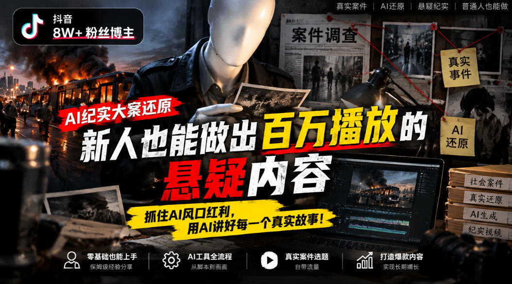 抖音8W粉丝博主的AI纪实大案还原教学，新人也能做出百W播放的悬疑内容，抓住AI风口红利，用AI讲好每一个真实故事瀚萌资源网-网赚网-网赚项目网-虚拟资源网-国学资源网-易学资源网-本站有全网最新网赚项目-易学课程资源-中医课程资源的在线下载网站！瀚萌资源网