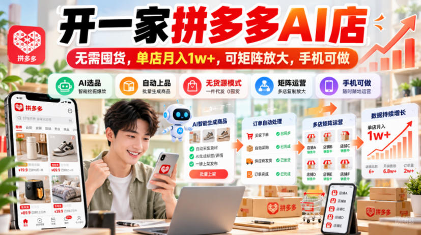 开一家拼多多AI店，无需囤货，单店月入1w+，可矩阵放大，手机可做【揭秘】瀚萌资源网-网赚网-网赚项目网-虚拟资源网-国学资源网-易学资源网-本站有全网最新网赚项目-易学课程资源-中医课程资源的在线下载网站！瀚萌资源网
