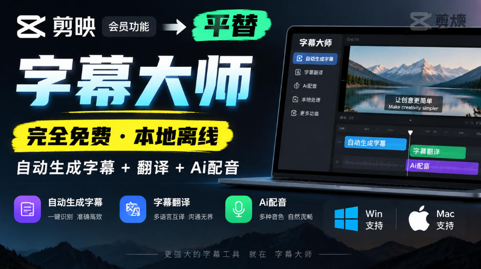 图片[1]瀚萌资源网-网赚网-网赚项目网-虚拟资源网-国学资源网-易学资源网-本站有全网最新网赚项目-易学课程资源-中医课程资源的在线下载网站！剪映会员功能平替，字幕大师完全免费本地离线，支持自动生成字幕+翻译+Ai配音，Win和Mac都支持！瀚萌资源网-网赚网-网赚项目网-虚拟资源网-国学资源网-易学资源网-本站有全网最新网赚项目-易学课程资源-中医课程资源的在线下载网站！瀚萌资源网