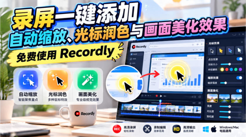 录屏一键添加自动缩放、光标润色与画面美化效果，免费使用Recordly瀚萌资源网-网赚网-网赚项目网-虚拟资源网-国学资源网-易学资源网-本站有全网最新网赚项目-易学课程资源-中医课程资源的在线下载网站！瀚萌资源网